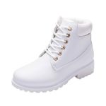 COPPEN Women Boots Retro Solid Ankle Thick Lace-up Short Round Toe Casual Shoes (White, US:7)