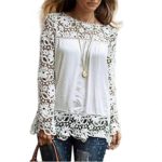 Women Long Sleeve Shirt,Lady Casual Lace Blouse Loose Cotton Tops (XL, White)