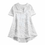 Cewtolkar Women Tops Floral Print Blouse Pullover T Shirt Short Sleeve Tunic Lace Shirt Cotton and Linen Tees White