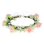 Floral Fall Artificial Baby Breath Flower Halo Wedding Crown Pink Bridal Headpiece Greenery Crown HC-24 (White Pink Rose)