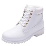 COPPEN Women Boots Retro Solid Ankle Thick Lace-up Short Round Toe Casual Shoes White
