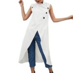 Aniywn Women’s Solid Color Split Cotton Linen Maxi Dress Loose Sleeveless Casual Button Dresses White