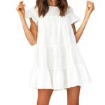 Women t Shirt Dress, Ruffles Pleated Dress Loose Casual Dress Simple Swing Tunic Dress Flowy Sundress Flared Dress(White, S)
