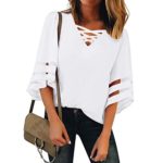 Pongfunsy Women’s Summer Tops, Women’s 3/4 Bell Sleeve Shirt Loose Casual Mesh Panel Blouse Trendy Patchwork Top 2019 (L, White)