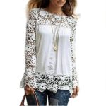 Women Long Sleeve Shirt,Lady Casual Lace Blouse Loose Cotton Tops (5XL, White)