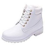 COPPEN Women Boots Retro Solid Ankle Thick Lace-up Short Round Toe Casual Shoes (White, US:7)
