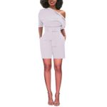 Aniywn Women Rompers Playsuits, Summer Off Shoulder Solid Casual Short Sleeve Short Jumpsuits with Belt White