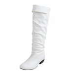 Goldweather Women Knee High Boots Ladies Winter Round Toe High Tube Flat Heels Riding Boots (US:7, White)