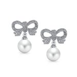 Vintage Style Pave CZ White Simulated Pearl Ribbon Bow Drop Earrings For Women For Bride Maid Prom Silver Plated Brass