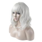 DAOTS 14 Inches Curly Wigs with Bangs for Women Girls Heat Resistant Synthetic Hair Wig (Silver White)