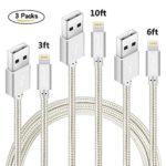 QSSTECH Phone Cable 3 Packs 3FT 6FT 10FT Nylon Braided USB Charging & Syncing Cord Compatible with Phone XS MAX XR X 8 8 Plus 7 7 Plus 6s 6s Plus 6 6 Plus and More (Silver White) (Red) (Silver White)