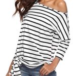 Defal Womens Sexy Oblique Off Shoulder 3/4 Sleeve Colorful Striped Tunic T-Shirt Casual Loose Tie Front Blouse Top (M, White Black)