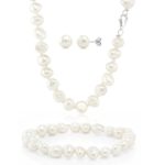 Gem Stone King Cultured Freshwater White Pearl Sterling Silver Necklace Earrings Bracelet Set