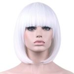 Short Bob Wigs White Wig for Women with Bangs Straight Synthetic Wig Natural As Real Hair 12”with Wig Cap BU027WH