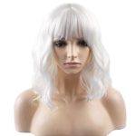 BERON 14” Short Curly Women Girl’s Charming Synthetic Wig with Air Bangs Wig Cap Included (White)