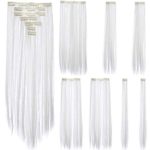 SWACC 7 Pcs Full Head Party Highlights Clip on in Hair Extensions Colored Hair Streak Synthetic Hairpieces (22-Inch Straight, White)