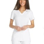 CHEROKEE Women’s Iflex V-Neck Knit Panel Top, White, Small