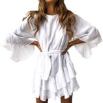 PRETTYGARDEN Women’s Casual Solid Color O-Neck 3/4 Bell Sleeve Ruffle Swing A Line Mini Dress Sundress with Belt