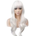 BERON Long Wavy Soft Synthetic Wig with Straight Bangs for Women Girls Wig Cap Included (White)