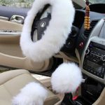Yontree Winter Warm Faux Wool Handbrake Cover Gear Shift Cover Steering Wheel Cover 14.96″x 14.96″ 1 Set 3 Pcs (White)