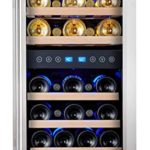 Phiestina Dual Zone Wine Cooler Refrigerator – 33 Bottle Free Standing Compressor Fridge and Chiller for Red and White Wines – 16” Glass Door Wine Refrigerator with Digital Memory Temperature Control