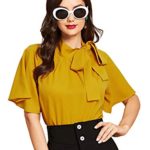 SheIn Women’s Casual Side Bow Tie Neck Short Sleeve Blouse Shirt Top