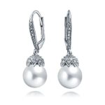 Bridal Leverback Crown Ball Round White Simulated Pearl CZ Huggie Drop Earrings For Women For Prom Silver Plated Brass