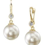 THE PEARL SOURCE 14K Gold AAA Quality Round Genuine White Akoya Cultured Pearl & Diamond Michelle Earrings for Women
