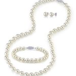 THE PEARL SOURCE 14K Gold 6-6.5mm AAA Quality Round White Akoya Cultured Pearl Necklace, Bracelet & Earrings Set in 18″ Princess Length for Women