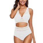 Thenlian Women’s Two Pieces Crochet Lace High Waist V Neck Bikini Set Swimsuit(XL, White)