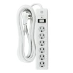 GE, White, 6 Outlet Surge Protector, 8 Ft Extension Cord, Power Strip, 800 Joules, Flat Plug, Twist-To-Close Safety Covers, 14014