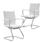 Wahson Heavy Duty Leather Office Guest Chair Mid Back Sled Reception Conference Room Chairs, Set of 2 (Pure White)