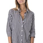 CAMIXA Women’s Gingham Shirt Checkered Casual Long Sleeve Button Down Plaid Top XL Black/White