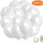 Premium White Balloons, 100 Latex Party Balloons w/Ribbon and Glue Points, 12 Inches Helium White Pearl Balloons Pack Bulk for Wedding Birthday Party Vanlentine’s Day Decorations and Arch Decoration