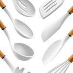 Country Kitchen 8 pc Non Stick Silicone Utensil Set with Rounded Wood Handles for Cooking and Baking – White