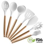 Silicone Cooking Utensils | Wooden Handle, Non-Stick Cookware Heat Resistant Kitchen Utensil Spatula, Slotted & Solid Spoon, Soup Ladle, Slotted Turner and Spaghetti Server,| (White)