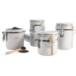 Anchor Hocking Ceramic Canister Set with Clamped Lid and Wooden Spoon, White, Mixed Sizes, Set of 4