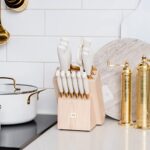 White and Gold Knife Set with Block Self Sharpening – 14 Piece Luxurious Titanium Coated Gold and White Kitchen Knife Set & Ashwood Wood Knife Block with Sharpener – White and Gold Kitchen Accessories
