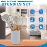 Five14 Kitchen Utensils Set – High Heat Resistant White Silicone Cooking Utensils Set with Silicone Spatula, Tongs, Ladle, Serving Spoons – Non-Stick, BPA Free Kitchen Utensils Set with Holder – 11 Pc