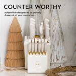 White and Gold Knife Set with Block Self Sharpening – 14 PC Titanium Coated Gold and White Kitchen Knife Set and White Knife Block with Sharpener, White and Gold Kitchen Accessories and Decor