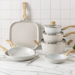 10 Piece Cookware Set- Non Stick Pots and Pans Set including Sauce Pans and Dutch Oven with Glass Lids, Griddle Pan, Frying Pans, Complete Cooking Set with Bakelite Handles (Cream)