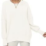 ANRABESS Women’s Long Sleeve Oversized Crew Neck Solid Color Side Slit Knit Pullover Sweater Tops White A305baise-XL