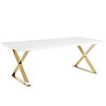 Modway Sector 87″ Modern Dining Table with Gold Stainless Steel Metal X-Base in White Gold