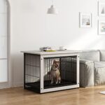 SPRICHIC Pet Cage with Crate Cover – Dog Crate Furniture, Wooden Wire Dog House, Decorative Indoor Kennel, End Table, Night Stand, Warm White, Medium