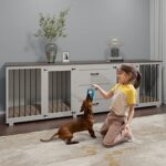 Dog Crate Furniture – Wooden Dog Kennel Furniture with 3 Drawer, Double Doors with Locks,95”x23”x32”H, White
