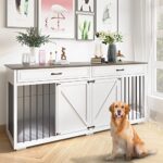 Dog Crate Furniture Indoor – Wooden Dog Kennel with Room Divider and 2 Drawer, Double Doors with Locks,72”x23”x34”H,White