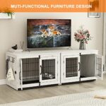 Piskyet Wooden Dog Crate Furniture with 360° Rotatable Removable Dog Bowls, Dog Crate End Table with Tray, Double Doors Dog Kennels Indoor for Small to Medium Dogs, Marble White, 32 inch