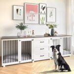 Dog Crate Furniture – Wooden Dog Kennel with 3 Drawer, Double Doors with Locks,95”x23”x32”H, White
