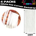 4 Pack Macaron White Foil Fringe Curtain Backdrop, 3.2Ft x 9.8Ft Metallic Tinsel Foil Fringe Streamers Curtains for Party, Photo Booth Prop, Birthday, Wedding, Christmas Party Decoration Supplies