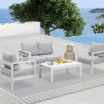 Solaste Outdoor Aluminum Furniture Set – 4 Pieces Patio Sectional Chat Sofa Conversation Set with Table,White